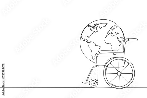Single continuous line drawing wheelchair with a globe on the seat. Symbolism of a nearly dying environment. Carrying life. Global Accessibility Awareness Day. One line design vector illustration