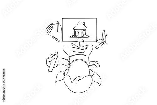 Continuous one line drawing girl looking up holding crayon and colorful crayons scattered on the floor. Describes about comfort. Togetherness. Drawing Day. Single line draw design vector illustration