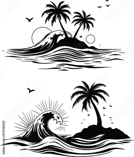 Tropical Island Silhouette Set Vector Featuring Palm Trees, Waves, Sun, Moon, and Birds in Dramatic Black Line Art Style