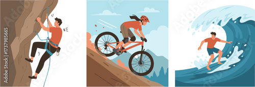 People enjoy various extreme sports like rock climbing, mountain biking, and surfing, showcasing an active lifestyle and adventurous spirit.
