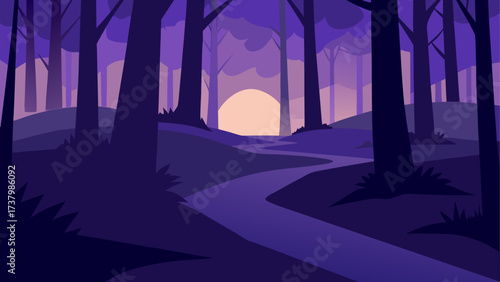 Pathway through the dark purple forest