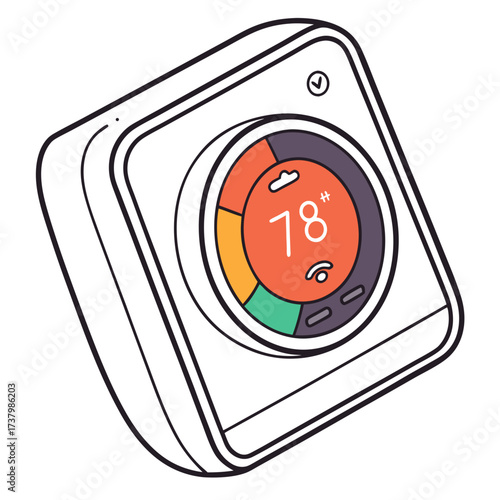 Colorful smart thermostat with temperature display and icons