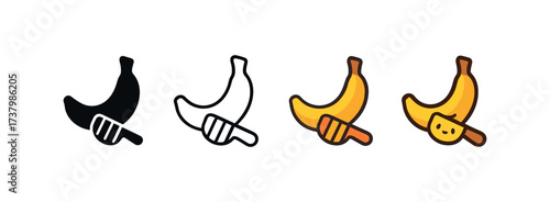 Vector icon banana cutter four styles black solid glyph outline minimal flat multicolor filled cartoon flat shaded.