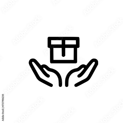 Gift box icon hovering above two open hands in flat vector style isolated on white background