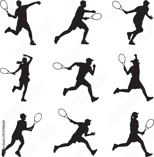 Dynamic silhouettes of tennis players in action