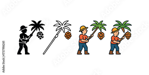 Vector icon palm oil harvester four styles black solid glyph outline minimal flat multicolor filled cartoon flat shaded.