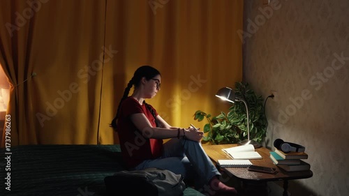 Attractive young Caucasian woman student at home studies at desk in evening atmosphere working on assignments and preparing for academic education. Mid shot