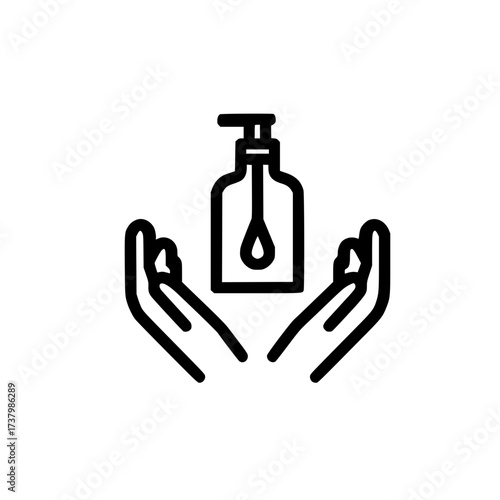 Soap bottle icon hovering above two open hands in flat vector style isolated on white background