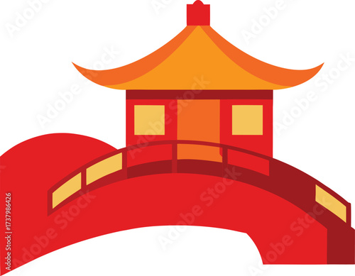 Traditional chinese wooden house with stone bridge and flowing water landscape