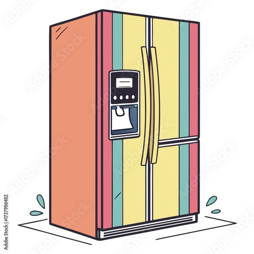 Colorful striped refrigerator with electronic panel and water dispenser