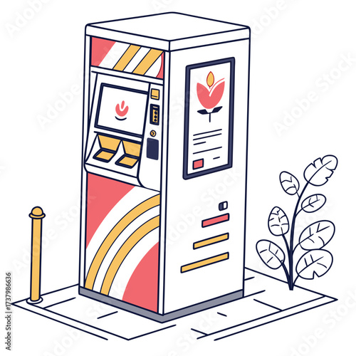 Colorful ticket vending machine with plant and bollard