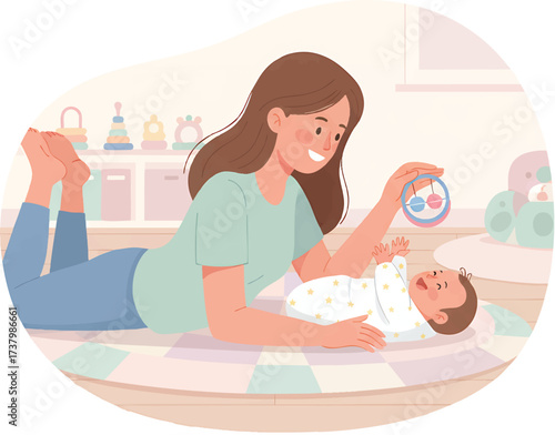 Loving mother playing with her newborn baby on a colorful rug in nursery, creating a warm and joyful atmosphere.
