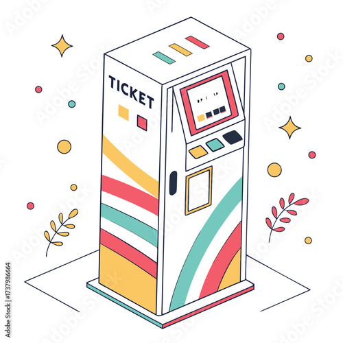 Colorful ticket vending machine with screen and buttons