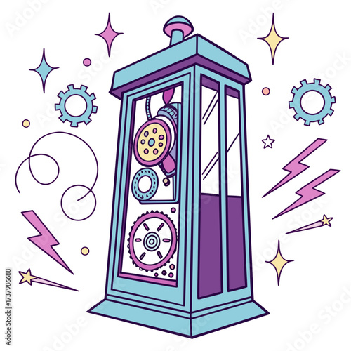 Colorful time machine with gears and stars illustration
