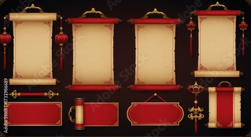 Chinese scroll paper set featuring red banners and ornate handles for royal-style announcements. Traditional blank parchment templates with rectangular, rounded, and pointed edges, ideal for ceremonia