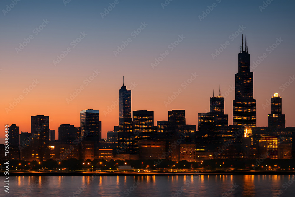 Obraz premium City skyline reflected in calm river at dusk background