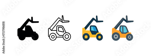 Vector icon telescopic handler four styles black solid glyph outline minimal flat multicolor filled cartoon flat shaded.