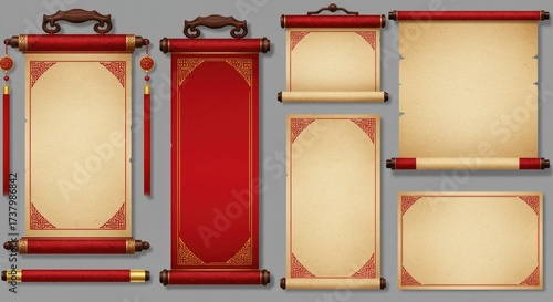 Chinese scroll paper set featuring red banners and ornate handles for royal-style announcements. Traditional blank parchment templates with rectangular, rounded, and pointed edges, ideal for ceremonia