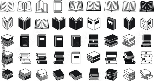 Minimal black and white book icons set in various styles, open and closed, perfect for education, library, and UI design.