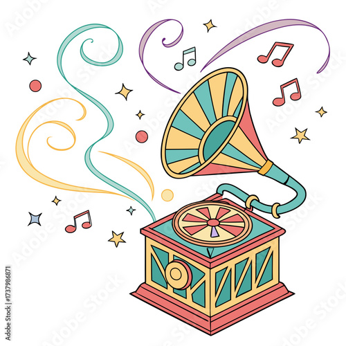 Colorful vintage gramophone with music notes and swirls