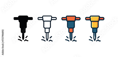 Vector icon rock breaker four styles black solid glyph outline minimal flat multicolor filled cartoon flat shaded.