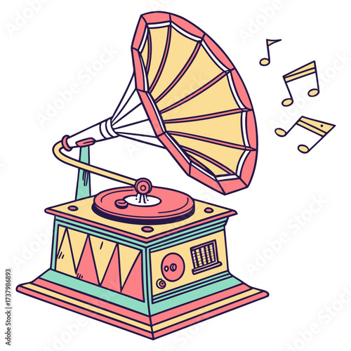 Colorful vintage gramophone with music notes sound