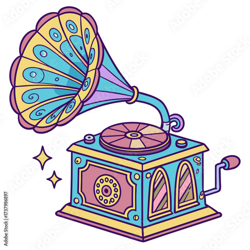 Colorful vintage gramophone with ornate horn and sparkling stars