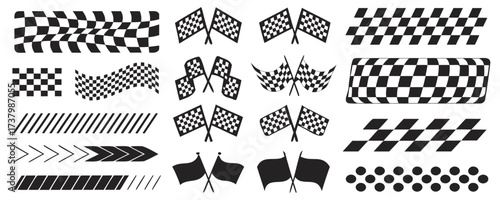 Racing stripes set, checkered patterns and flag, motorsport tuning, start and finish line, fast dynamic lines, racing stripe speed background, sport decals, automotive tuning stickers arts
