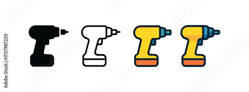 Vector icon power drill cordless four styles black solid glyph outline minimal flat multicolor filled cartoon flat shaded.