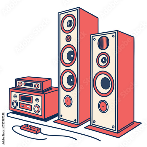 Coral and navy blue home theater speakers and stereo