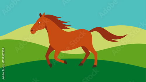 Cartoon horse running across green hills