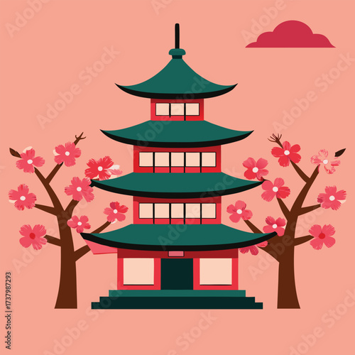 Wallpaper Mural Traditional chinese pagoda house with cherry blossoms banner Torontodigital.ca