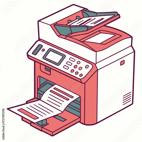 Coral and teal office printer with paper output office equipment