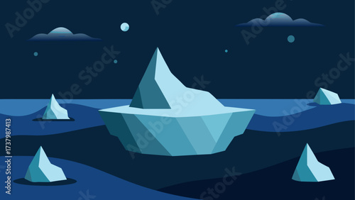 Icebergs floating in dark ocean at night