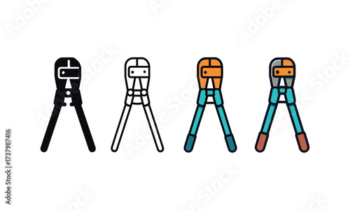 Vector icon rebar cutter four styles black solid glyph outline minimal flat multicolor filled cartoon flat shaded.
