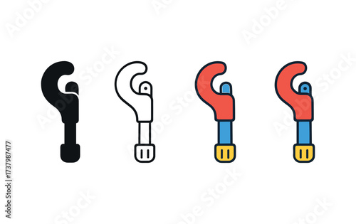 Vector icon pipe cutter four styles black solid glyph outline minimal flat multicolor filled cartoon flat shaded.