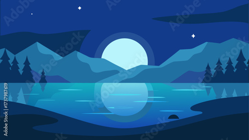 Night landscape with lake and mountains