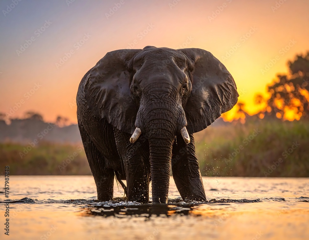 Fototapeta premium Majestic elephant crossing river at sunrise