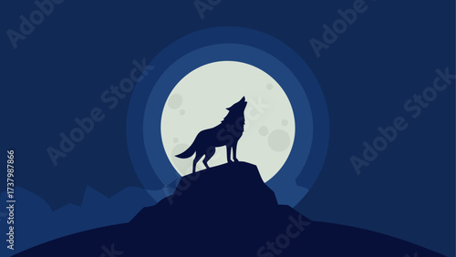Silhouette wolf howling at the full moon