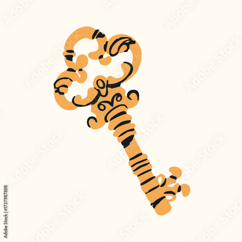 Vintage, golden antique Key with classic ornament. Hand drawn trendy Vector illustration. Isolated design element. Icon, logo, print template 