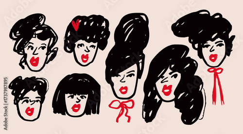 Women with black hair, red lips. Female portraits. Cute funny characters. Trendy modern art. Quirky, minimal, abstract contemporary style. Hand drawn Vector illustration. Isolated design elements 
