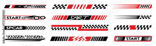 Racing cars and race car stripes set. Checkered patterns, checkered flag, start and finish line, motocross labels, dynamic lines, motorsport, racing stripe speed, sport decals, tuning stickers
