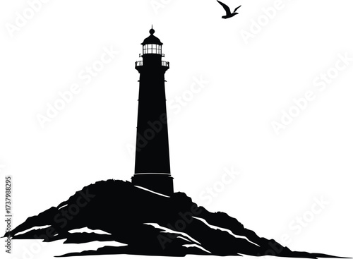 Lighthouse Silhouette Vector Featuring Coastal Beacon on Rocky Terrain with Flying Bird in Black and White Line Art Style