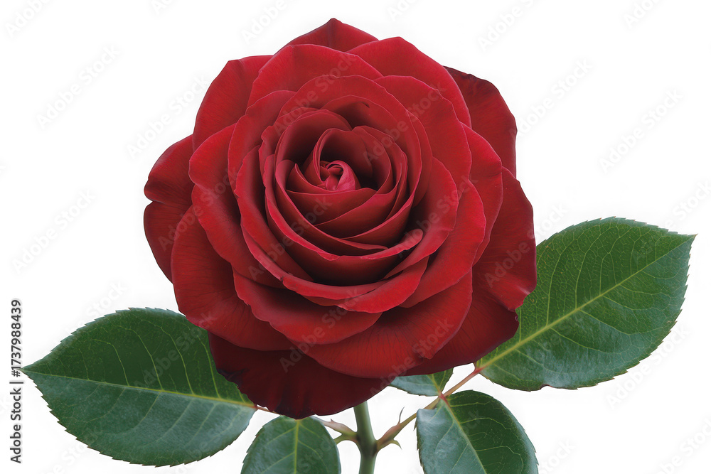 Fototapeta premium Single red rose blossom close-up macro shot isolated on white background