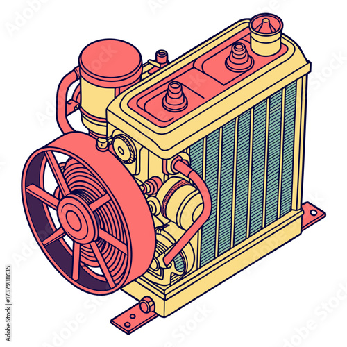 Isometric engine radiator with fan and pipes machine