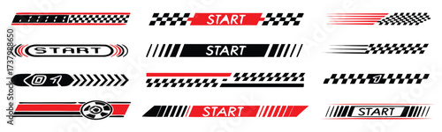 Racing cars and race car stripes set. Checkered patterns, checkered flag, start and finish line, motocross labels, dynamic lines, motorsport, racing stripe speed, sport decals, tuning stickers
