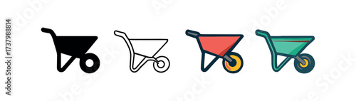 Vector icon garden wheelbarrow four styles black solid glyph outline minimal flat multicolor filled cartoon flat shaded.
