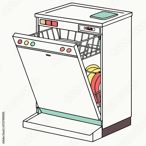 Open dishwasher with colorful plates and control panel