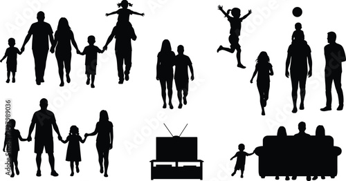 Silhouette vector illustration of families and children walking, playing, sitting together, parenting, lifestyle activities, childhood moments, family relationships, leisure time