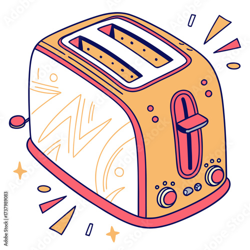 Orange and pink toaster with yellow accents on white